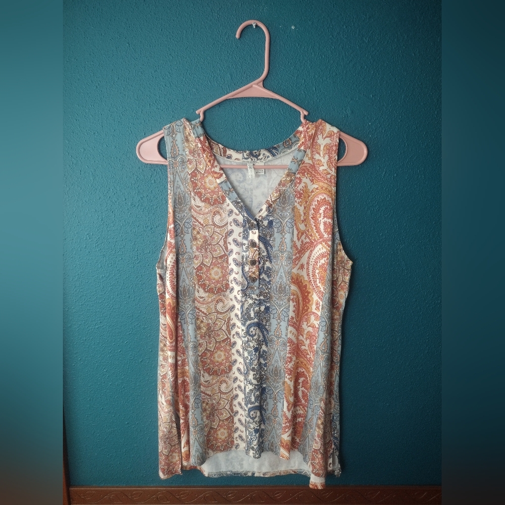 Cato Est. 1946 | Boho Chic Paisley Blue, Orange, Cream, V-neck Sleeveless Blouse